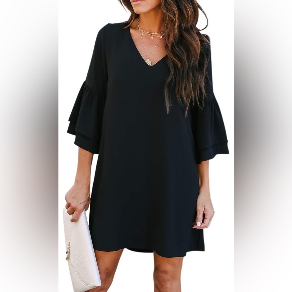BELONGSCI Mini Shift Dress with V-Neck and Bell Sleeves